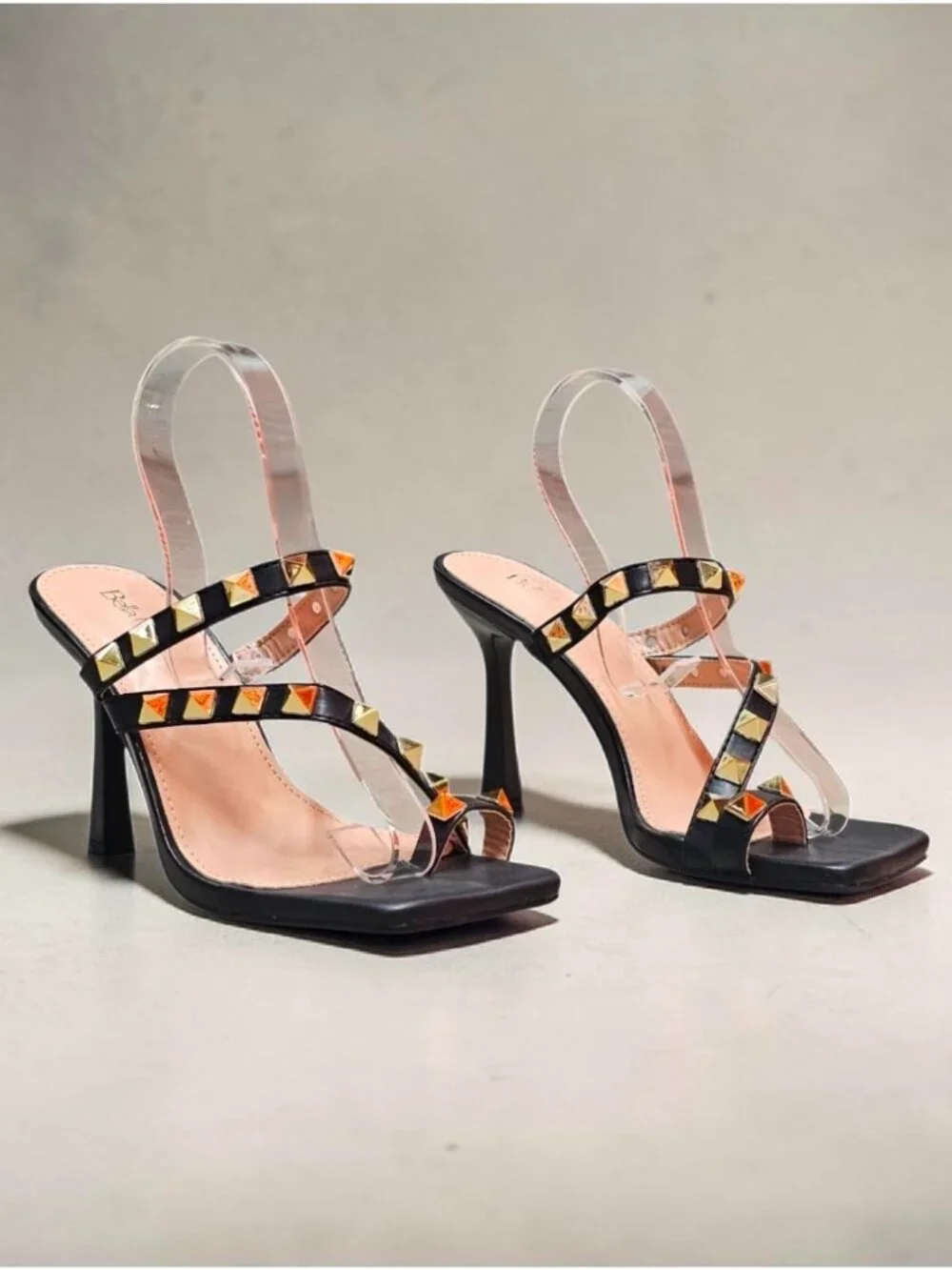 Black Studded High Heel Sandals With Straps And Square Toe Design For Women